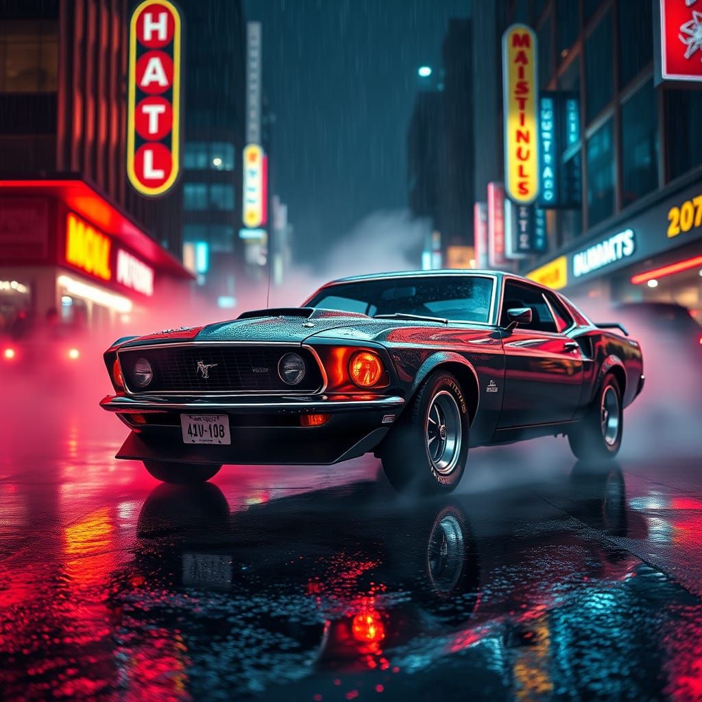 1970 Mustang in Rainy Cityscape, Hyperrealistic Style
