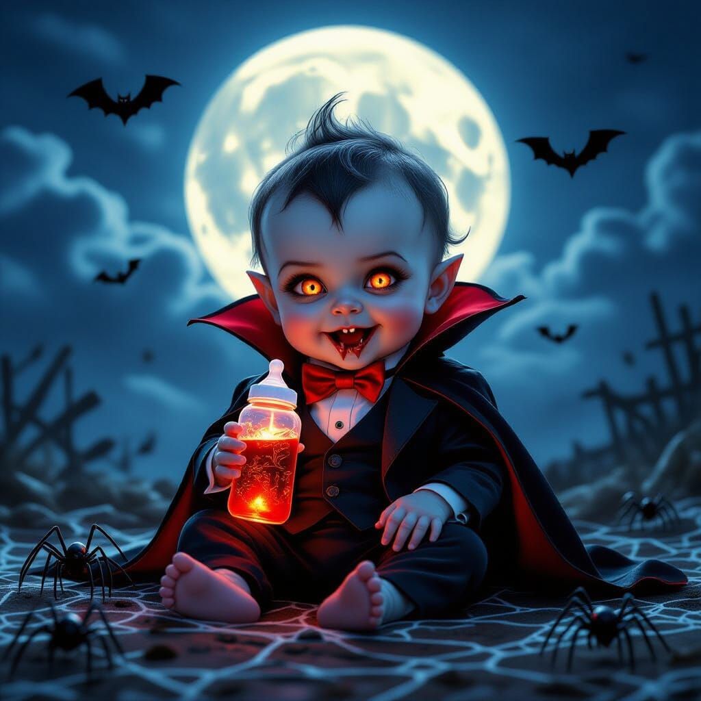 Adorable Baby Vampire Portrait with Glowing Eyes