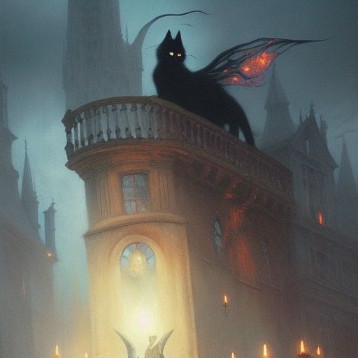 Enchanting Gothic Black Cat in Ethereal Halloween Fantasy