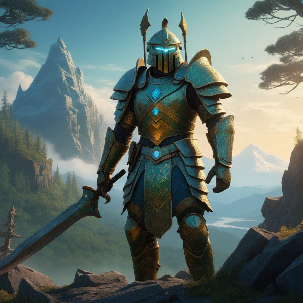 Ethereal Warrior Amidst Ancient Ruins in a Fantasy Realm