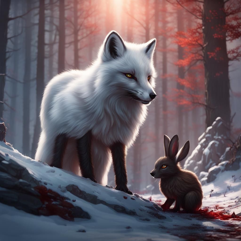 Arctic Fox Warrior Eating Rabbit in Detailed Painting