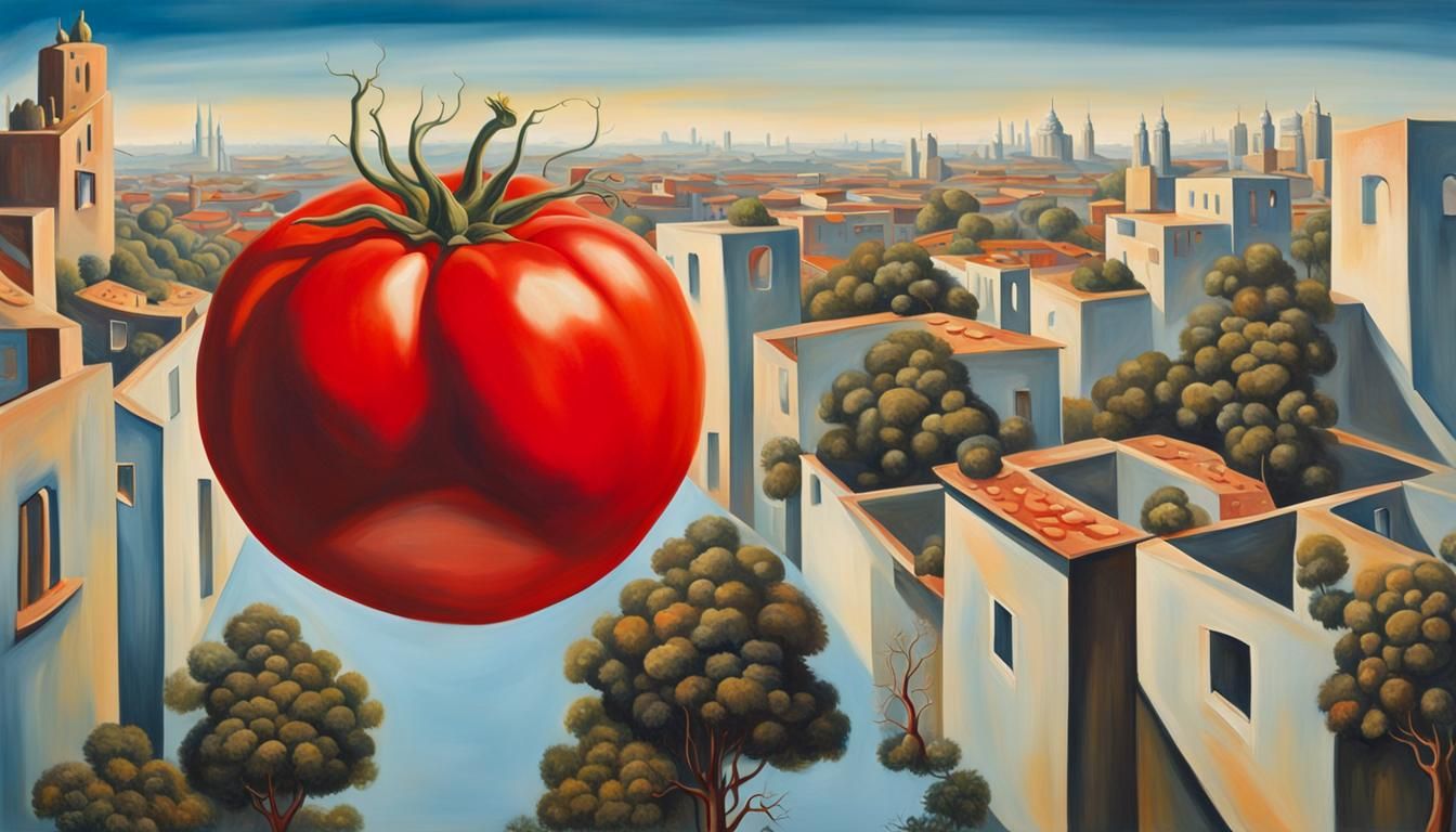 Giant Tomato Flies Over City, Surreal Oil Painting