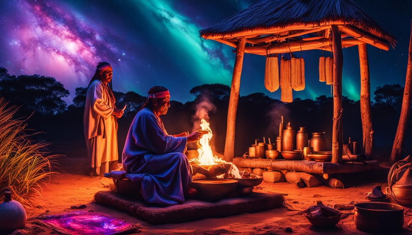 Guarani Shaman's Night Ritual in Vaporwave Style