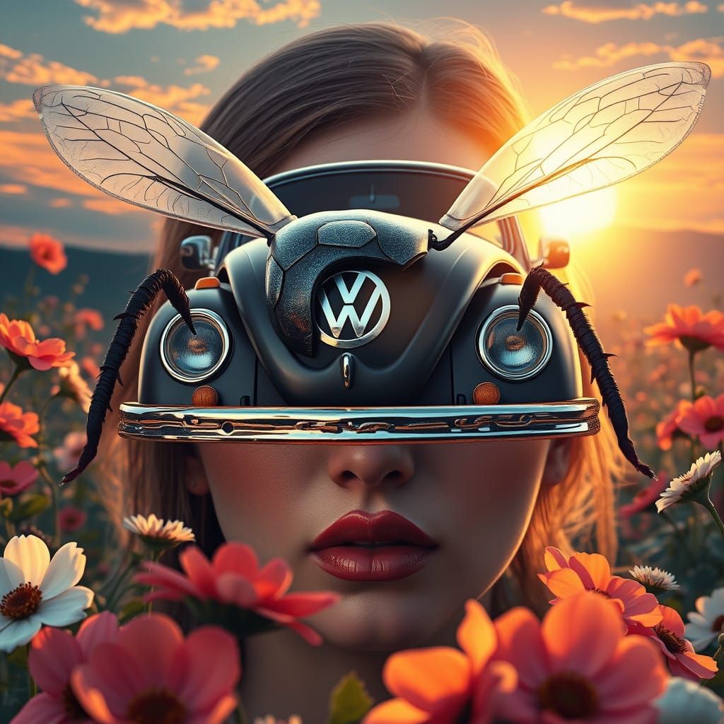 Insect Volkswagen Beetle Hovers Near Human Woman in Vibrant...