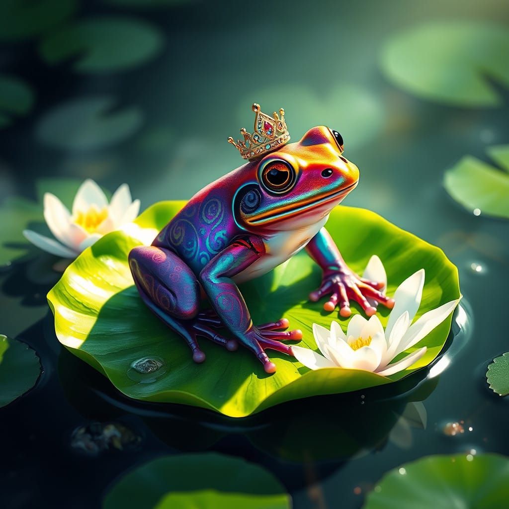 Surreal Fantasy Frog in Iridescent Crown on Emerald Leaf