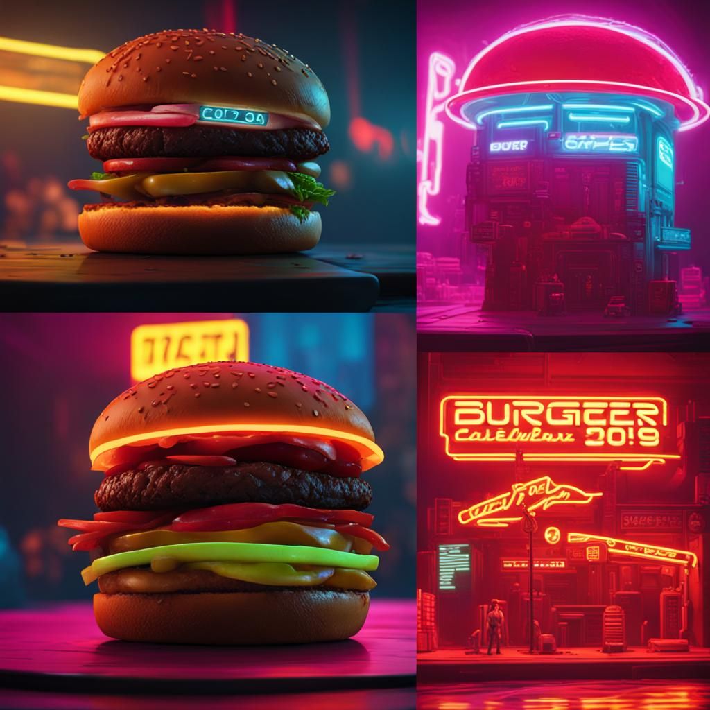 Cyberpunk Burger in Neon Cityscape