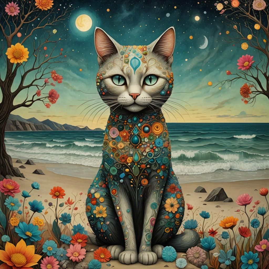 Dreamlike Cat-Woman in Art Brut Style on Beach