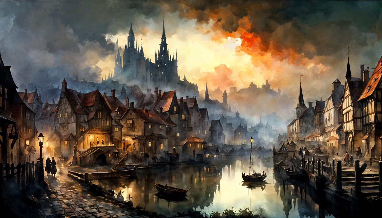 Medieval Town in Clouds as Watercolour Painting