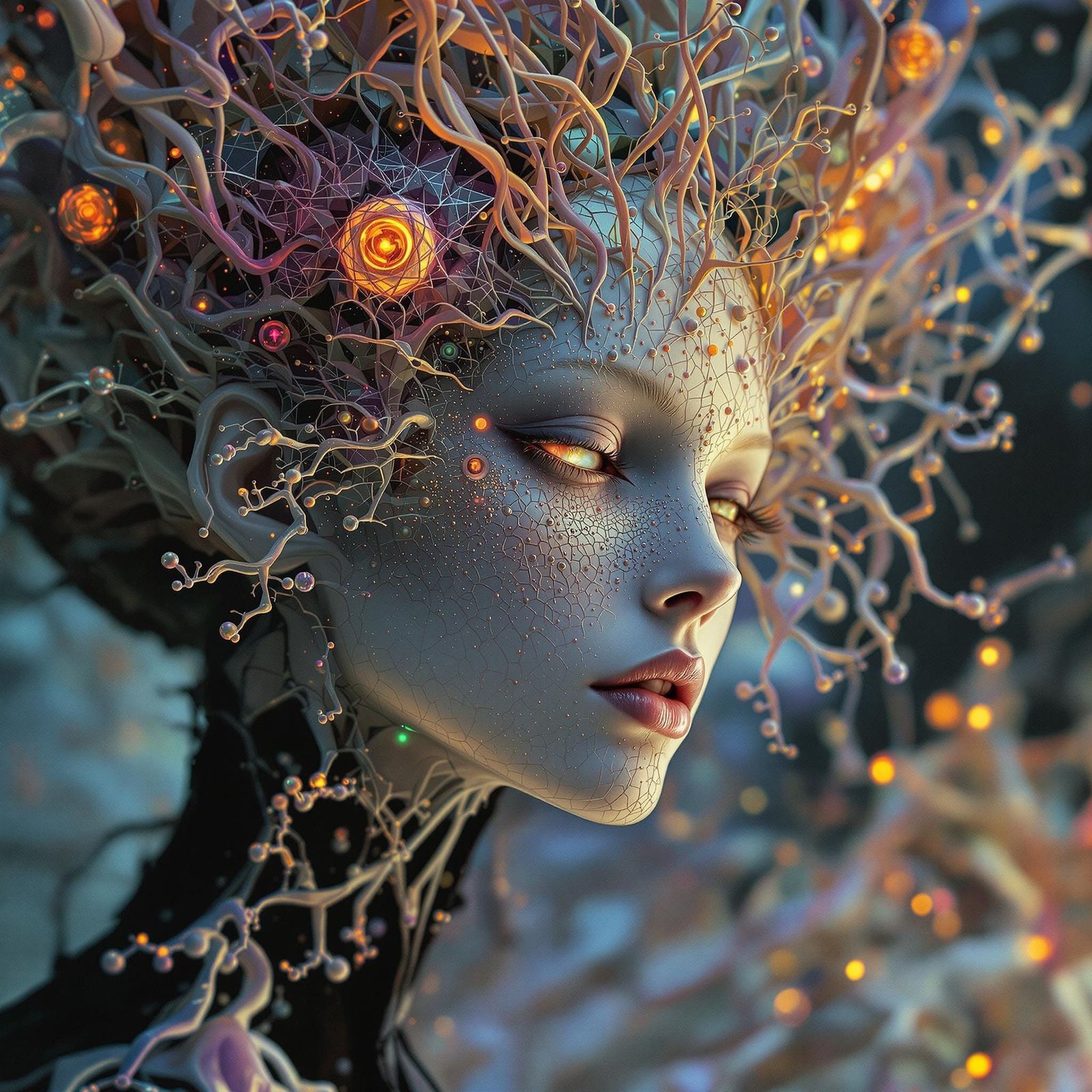 Surreal Portrait of a Luminescent Scientist in Fractal Armor