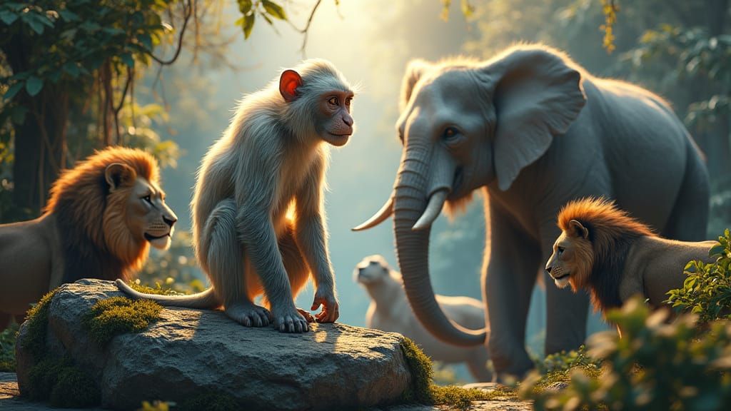 Majestic Elderly Monkey Surrounded by Reverent Animals in a ...