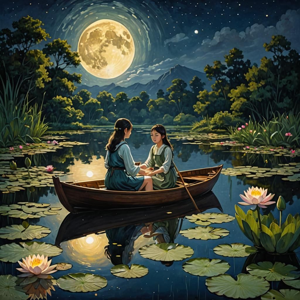 Moonlit Water Lily Lake with Girl and Gold