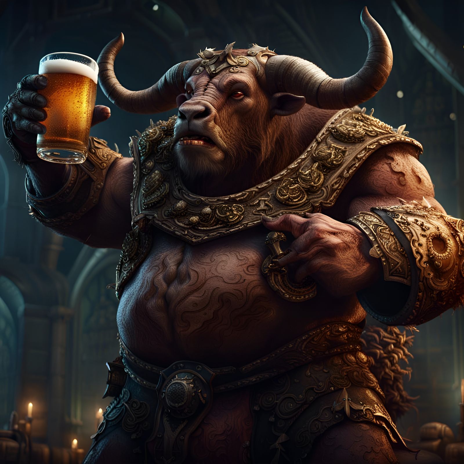 Large Minotaur Drinking Beer: Detailed Matte Painting