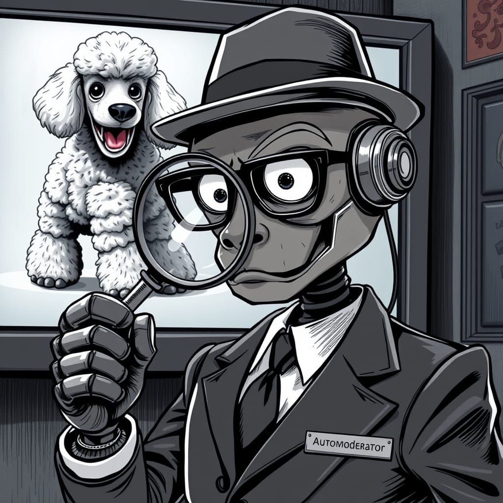 Robot Criticizes Poodle in Hyper-Realistic Cartoon