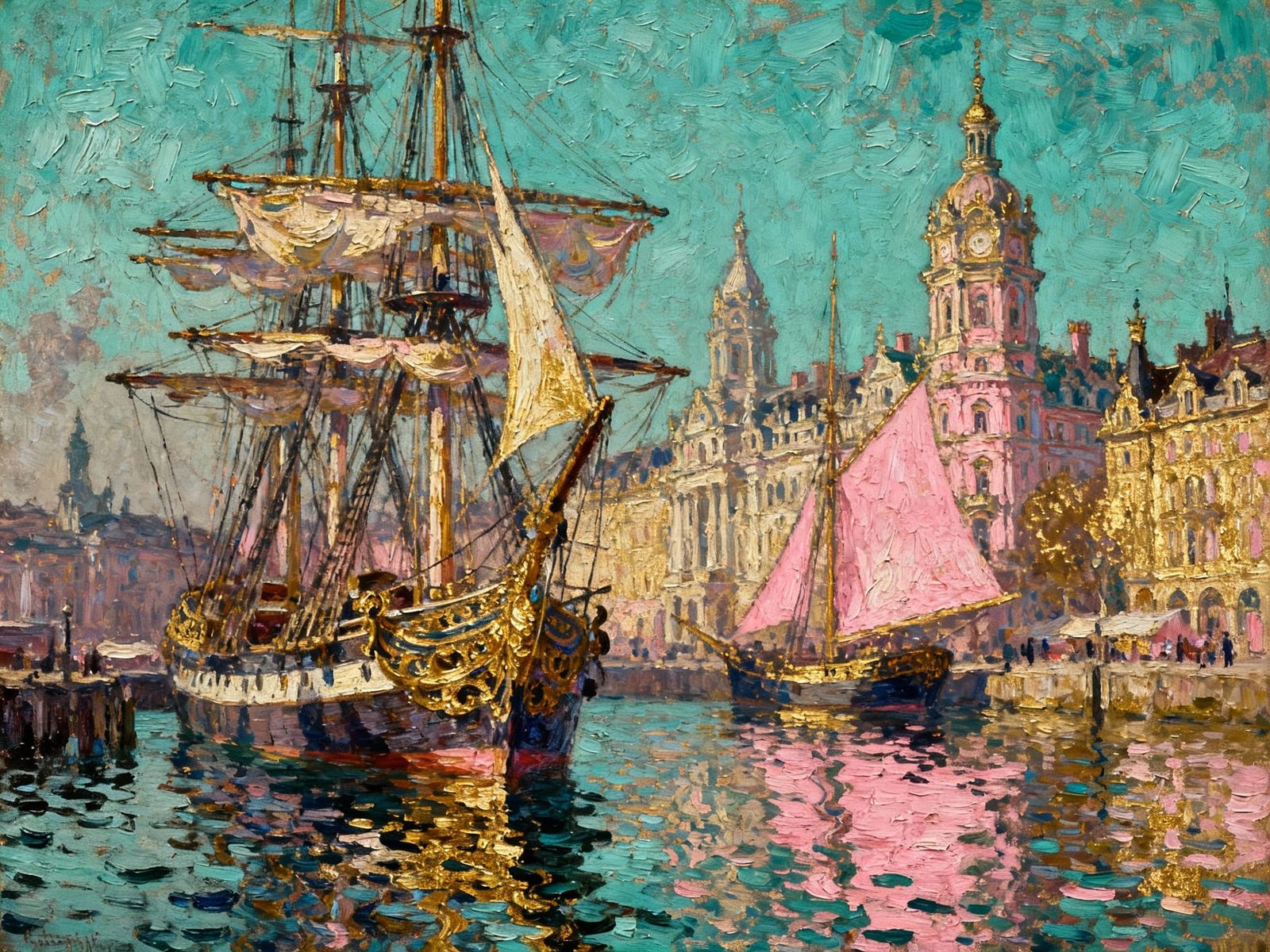 Victorian Harbor Oil Painting with Ships and Architecture