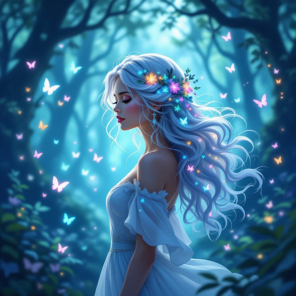 Ethereal Woman in Enchanted Forest with Bioluminescent Butte...