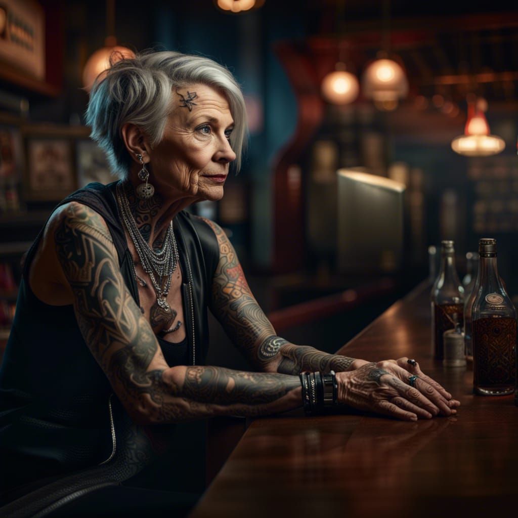 Tattooed Rocker Woman in a Bar, Digital Painting