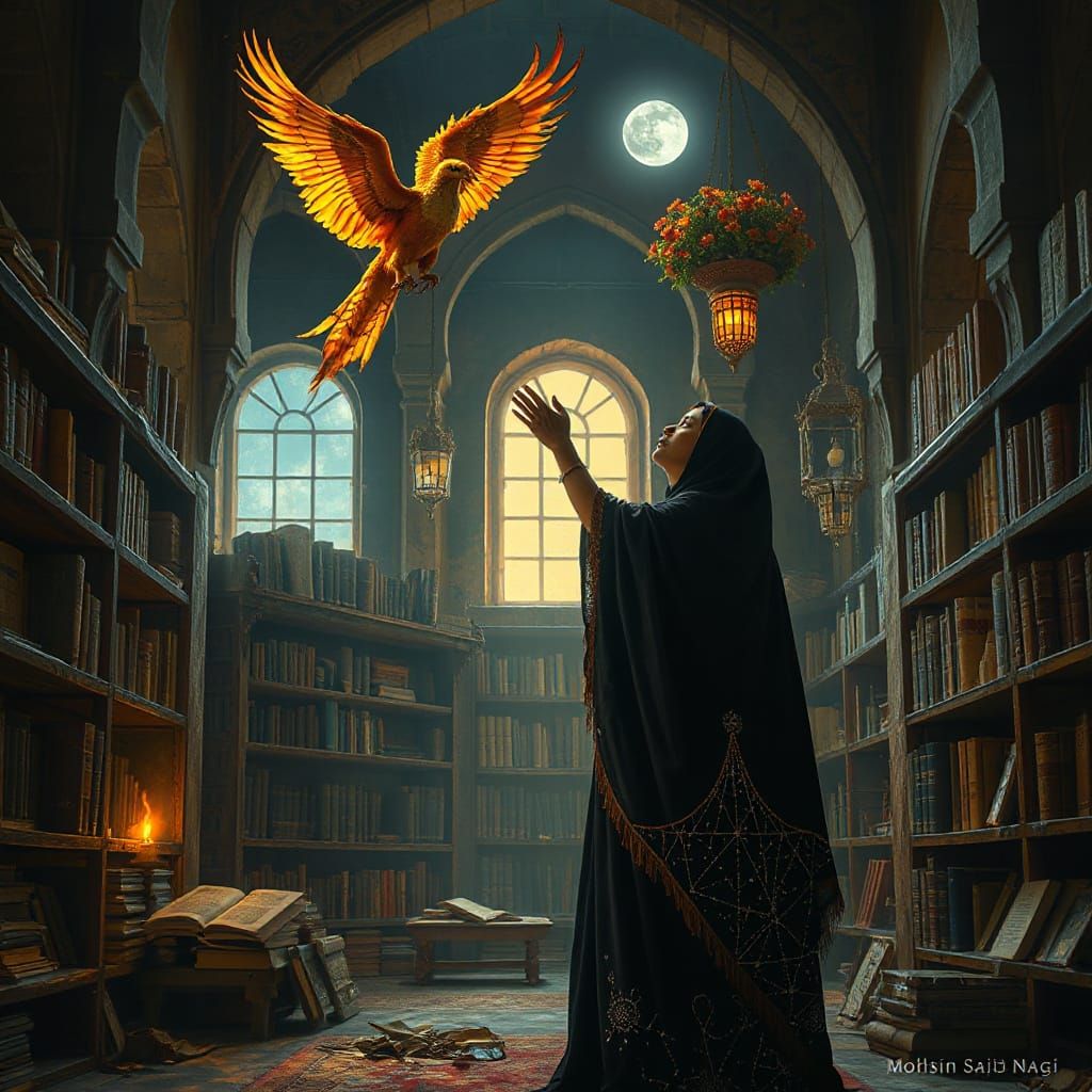 Berber Woman Reaching for Phoenix in Library