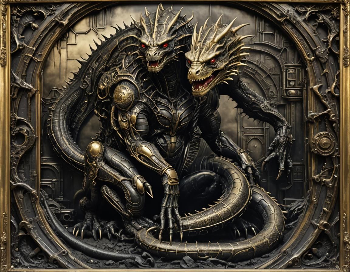 Biomechanical Dragon in Giger Style Framed