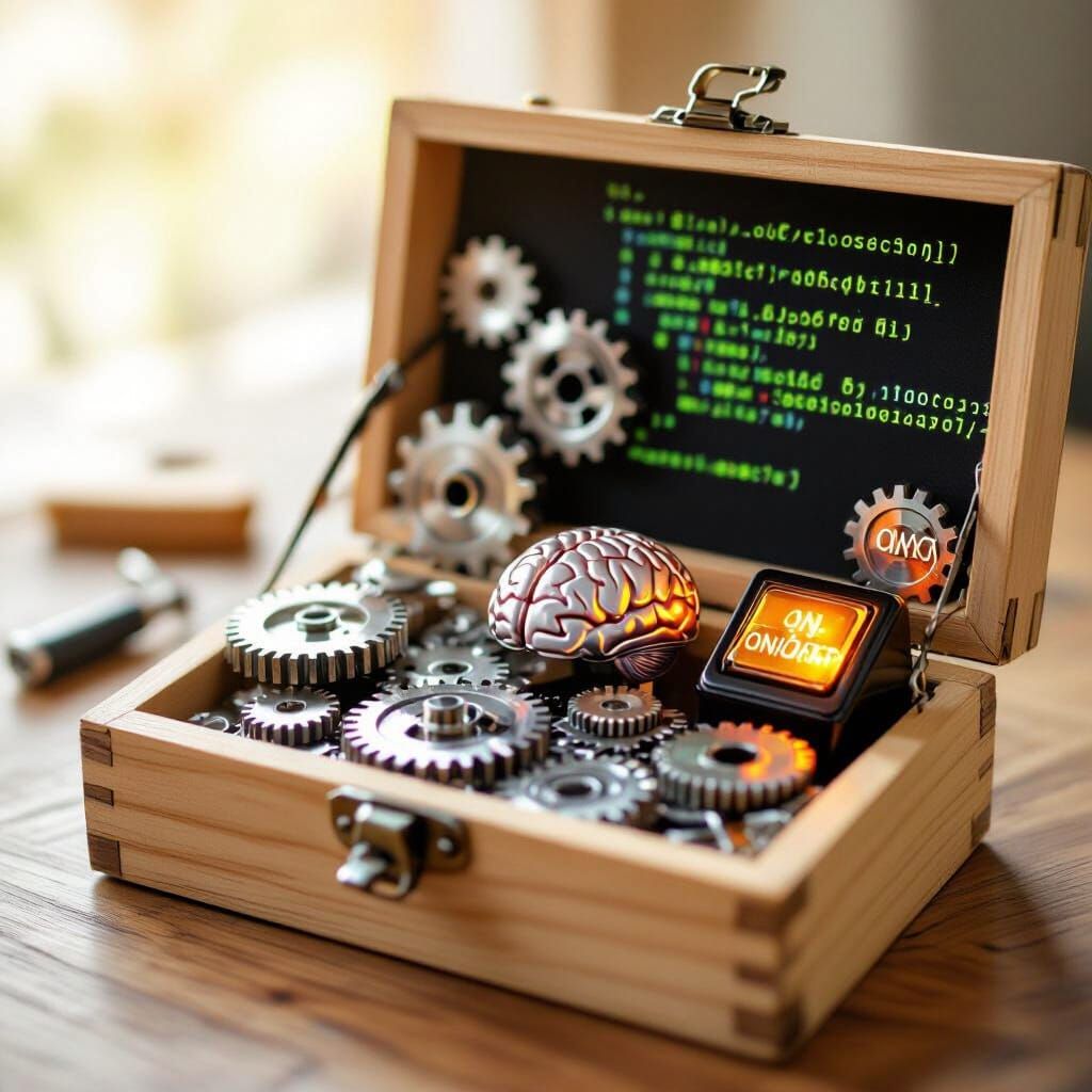 Macro Photo of AI Concepts in Wooden Toolbox