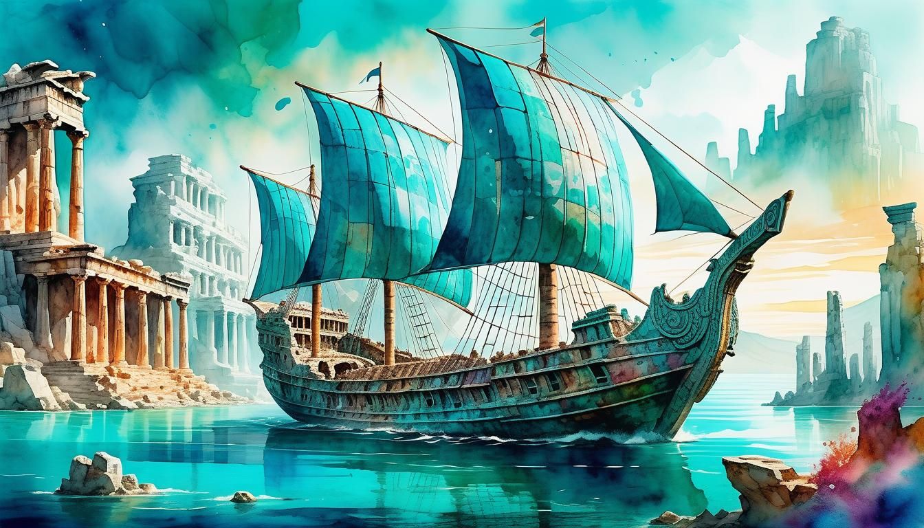 Colorful Grecian Ship Navigates a Ruined Strait
