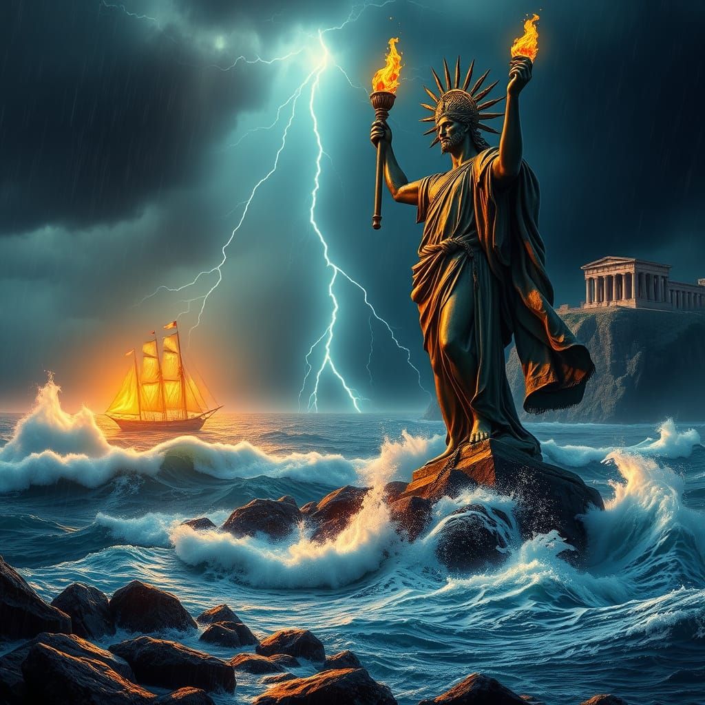 Colossus of Rhodes Lighthouse in Stormy Twilight