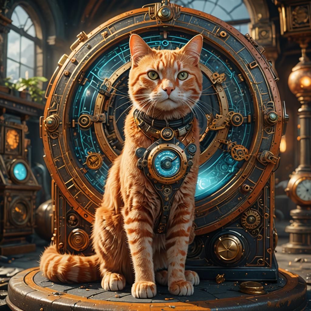 Orange Cat in Time Machine: Detailed Matte Painting