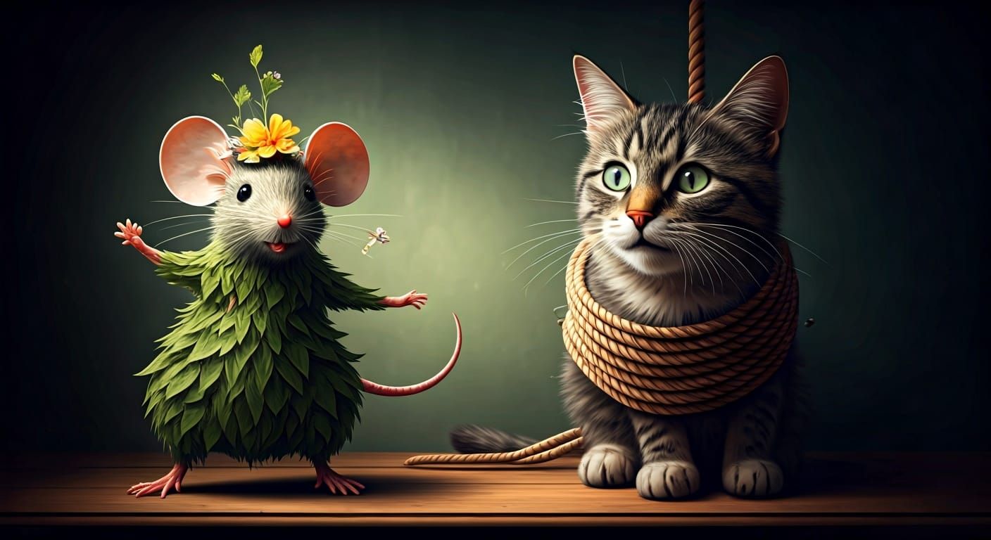 Floral Mice Dance as Cat Watches, Cubist Style