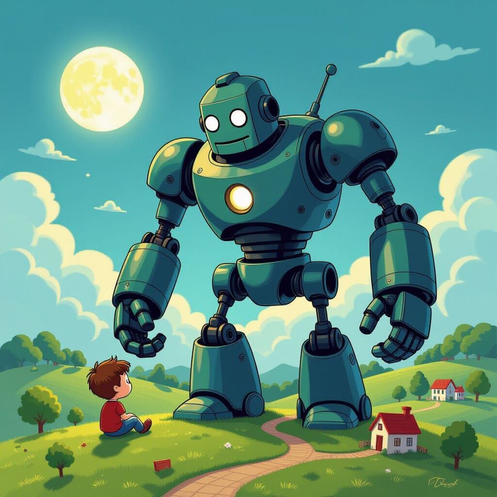 Cute Boy and Iron Giant in Cartoon Landscape