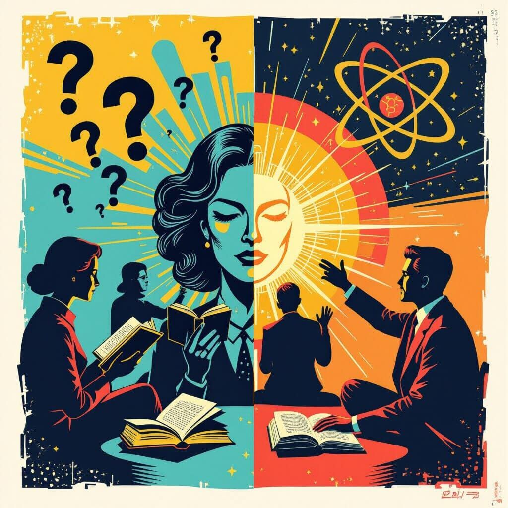 Pop Art Split Screen: Books vs. Science Symbolism