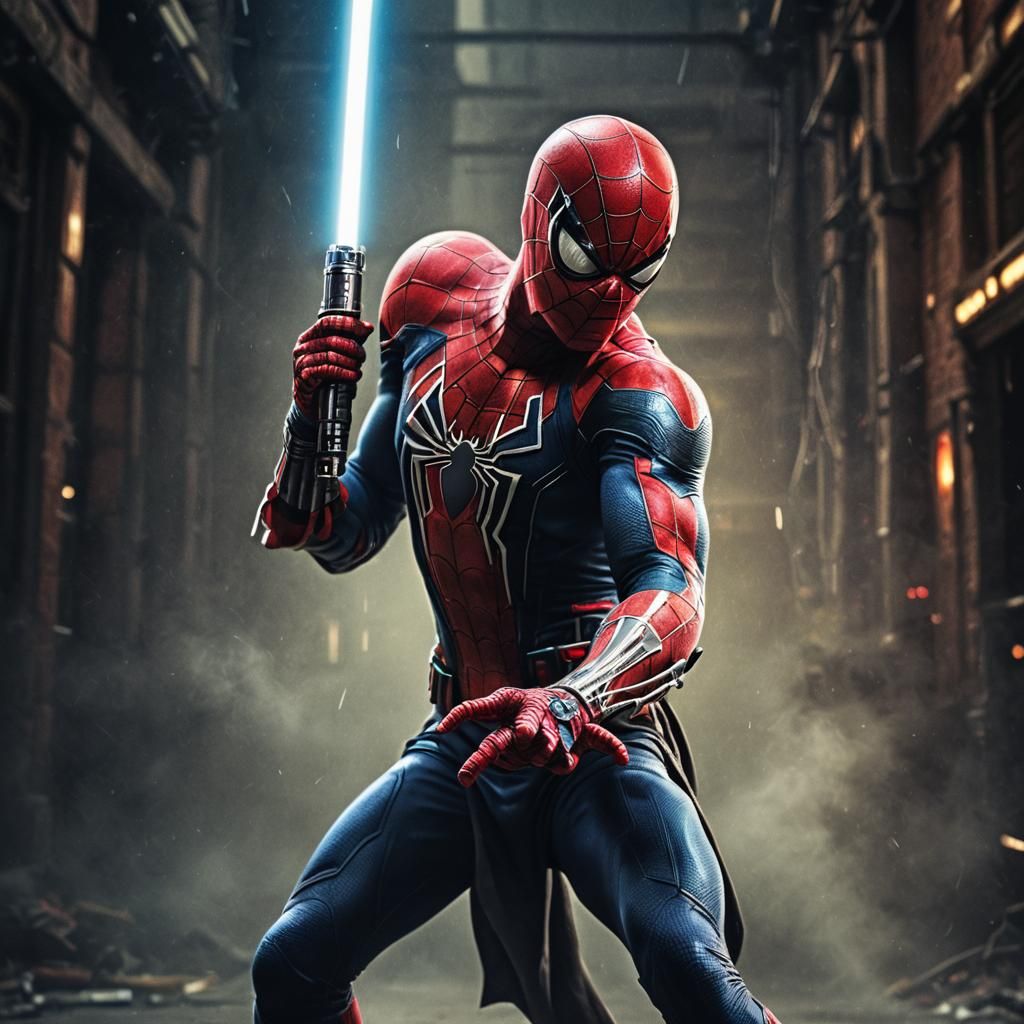 Spiderman as Jedi Knight with Lightsaber