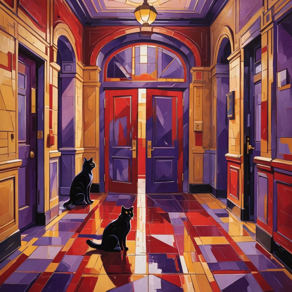 Cubist Cats and Raven in Rainy School Hallway