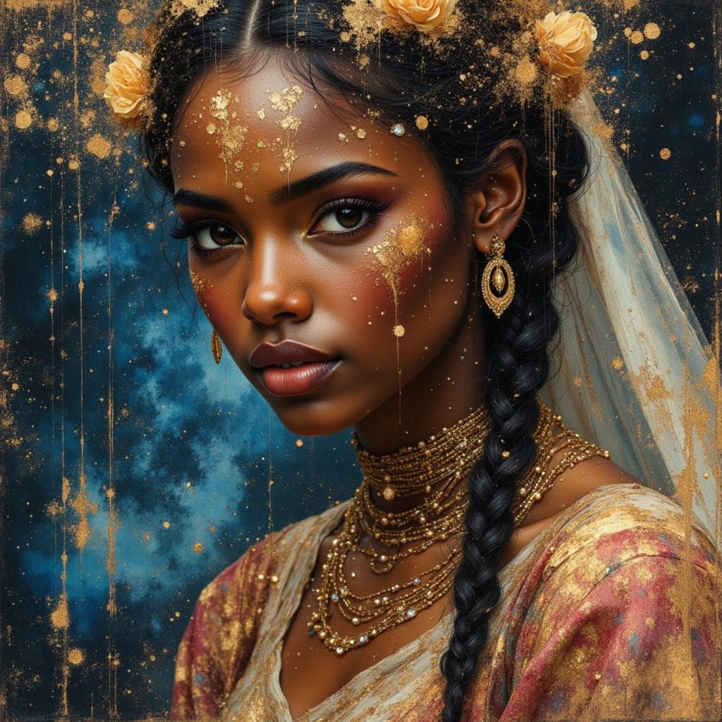 African Goddess in Celestial Oil Painting