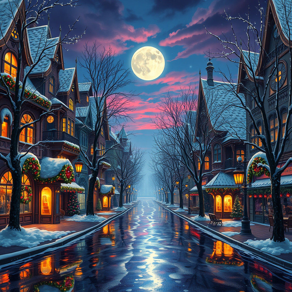 Dreamlike Christmas City Street Scene at Dusk