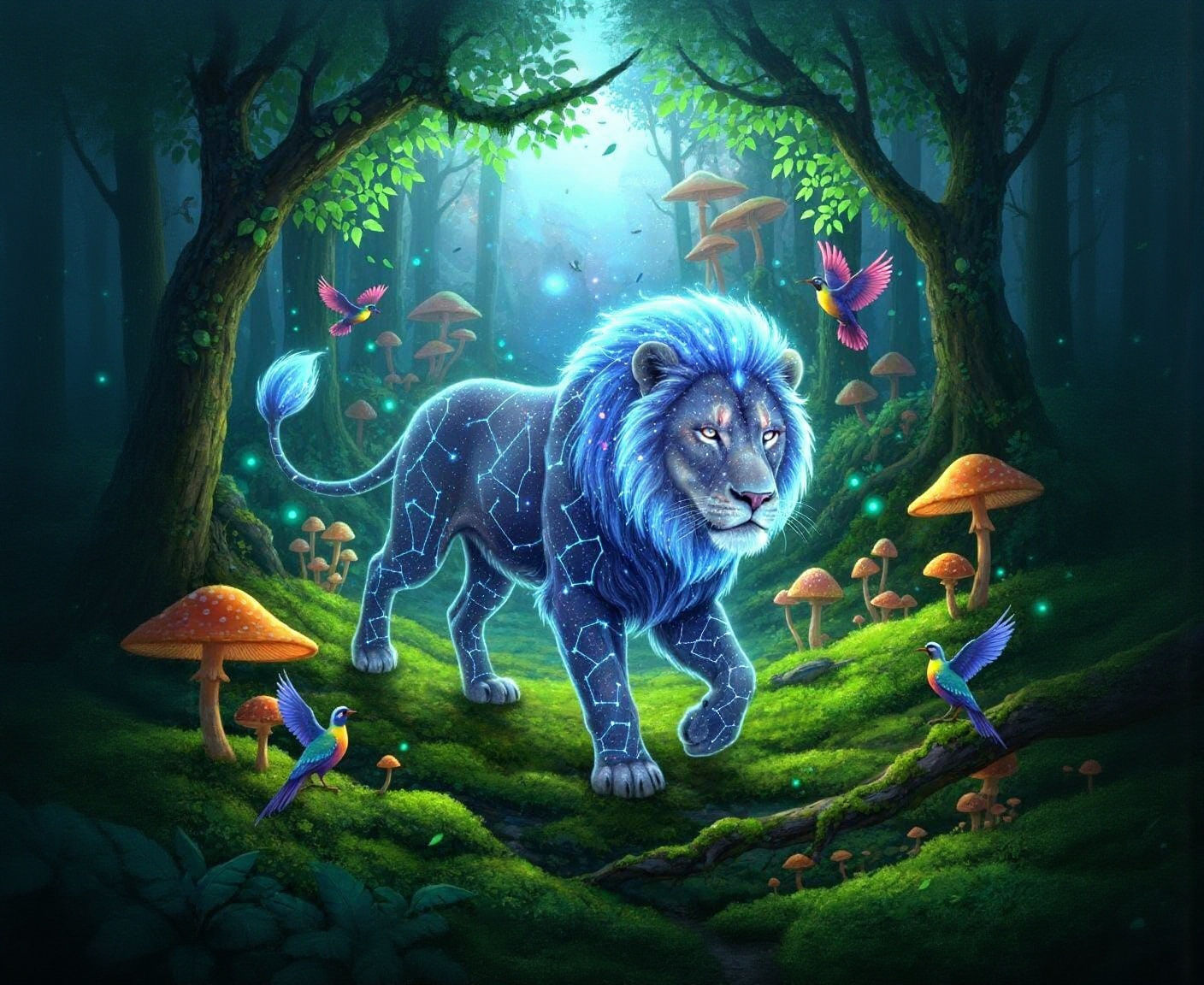 Bioluminescent Lion in Glowing Mushroom Forest