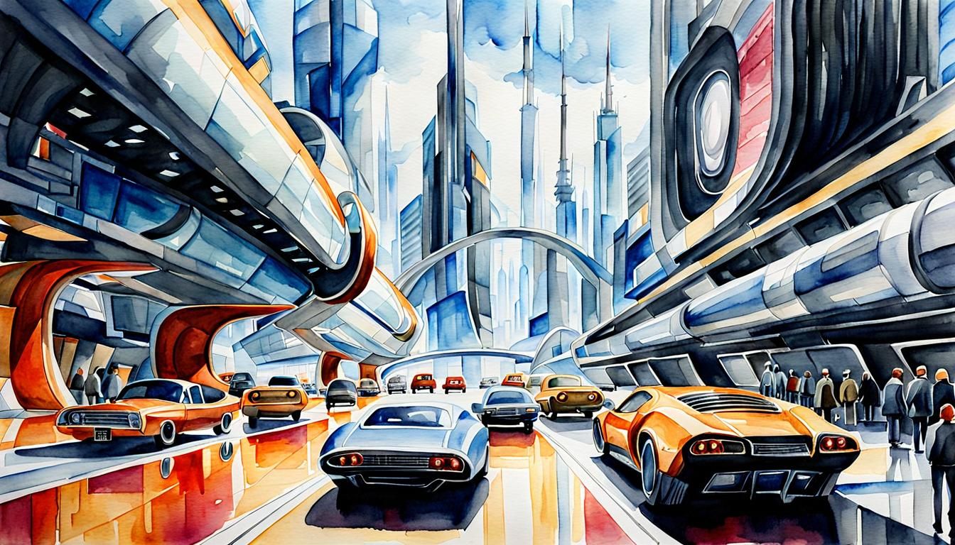 Futuristic Cityscape in Watercolor Style
