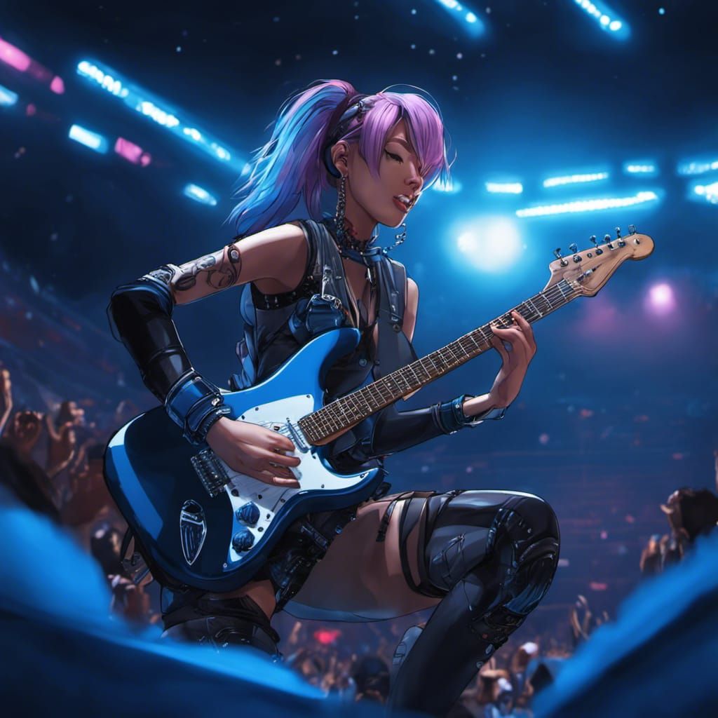 Punk Girl on Stage with Electric Guitar in Anime Style