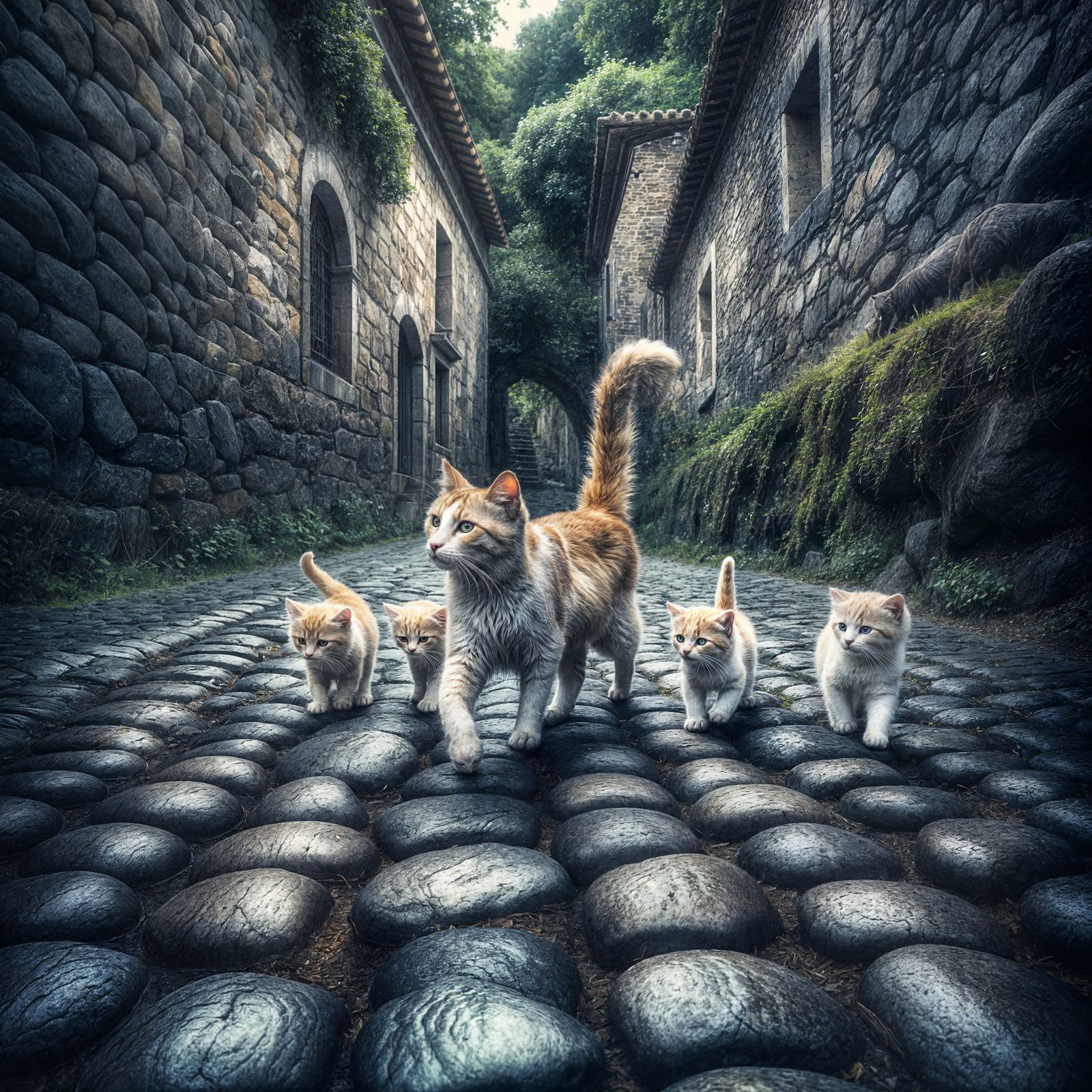 Hyperrealistic Mother Cat Leads Kittens on Cobblestone Road