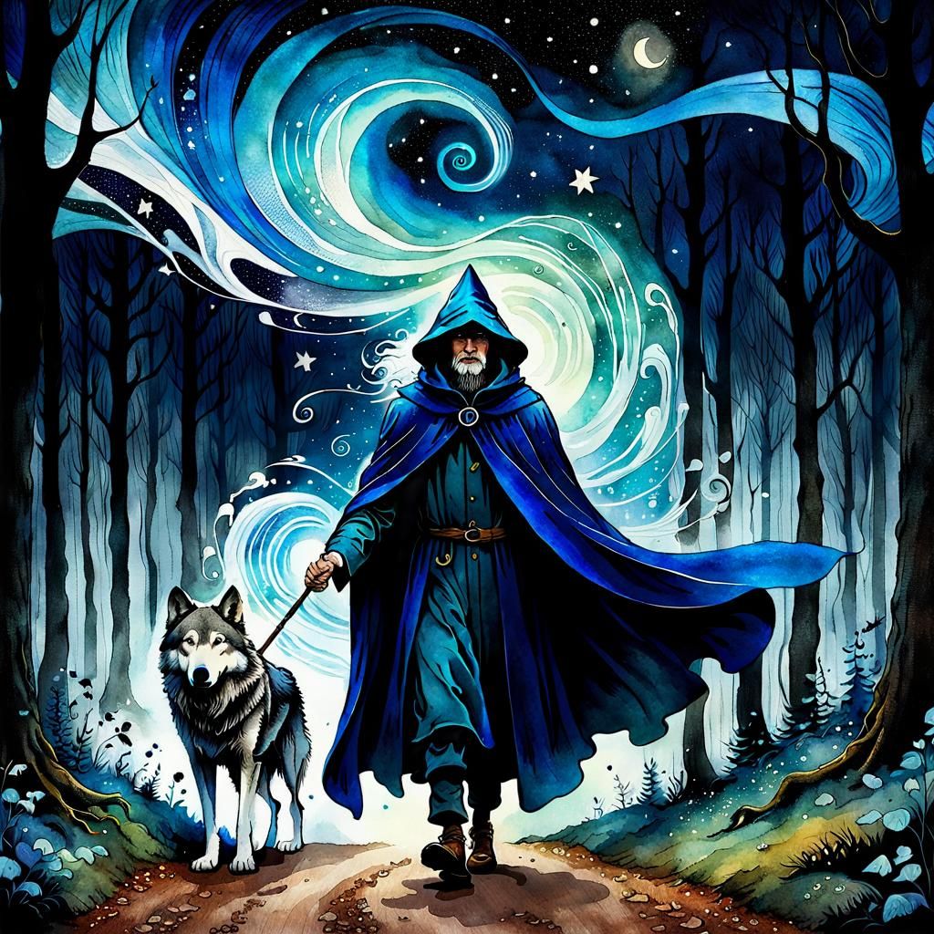 Mysterious Wizard and Dog in Dark Forest