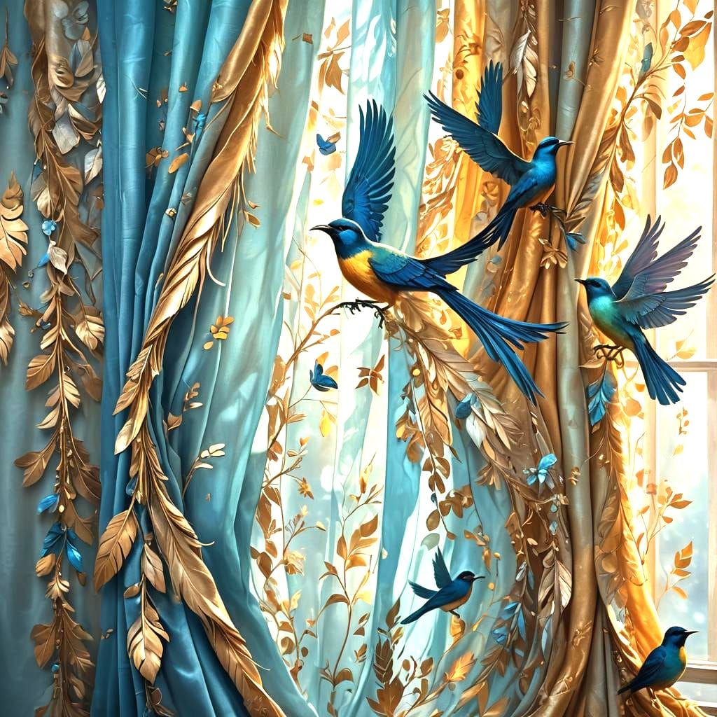 Colorful Birds Dancing by a Window with Curtain