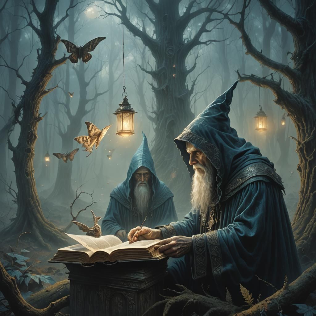 Mystical Wizard and Moth in Dark Fantasy Illustration