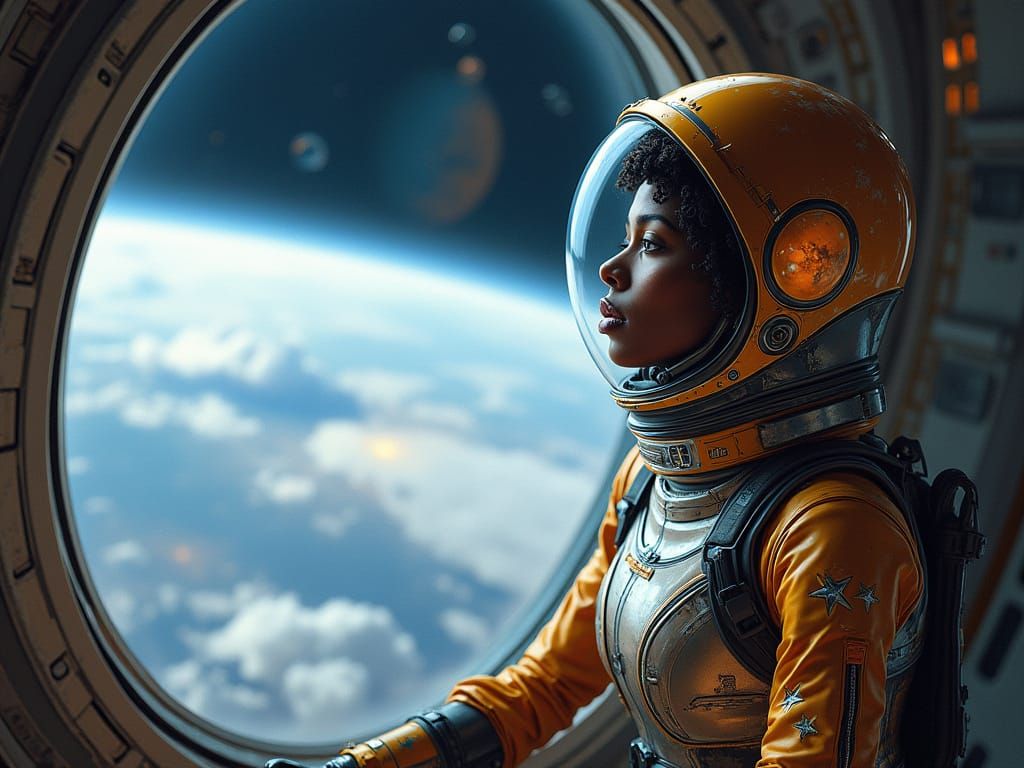 Black Astronaut Gazing at Earth in Digital Painting Style