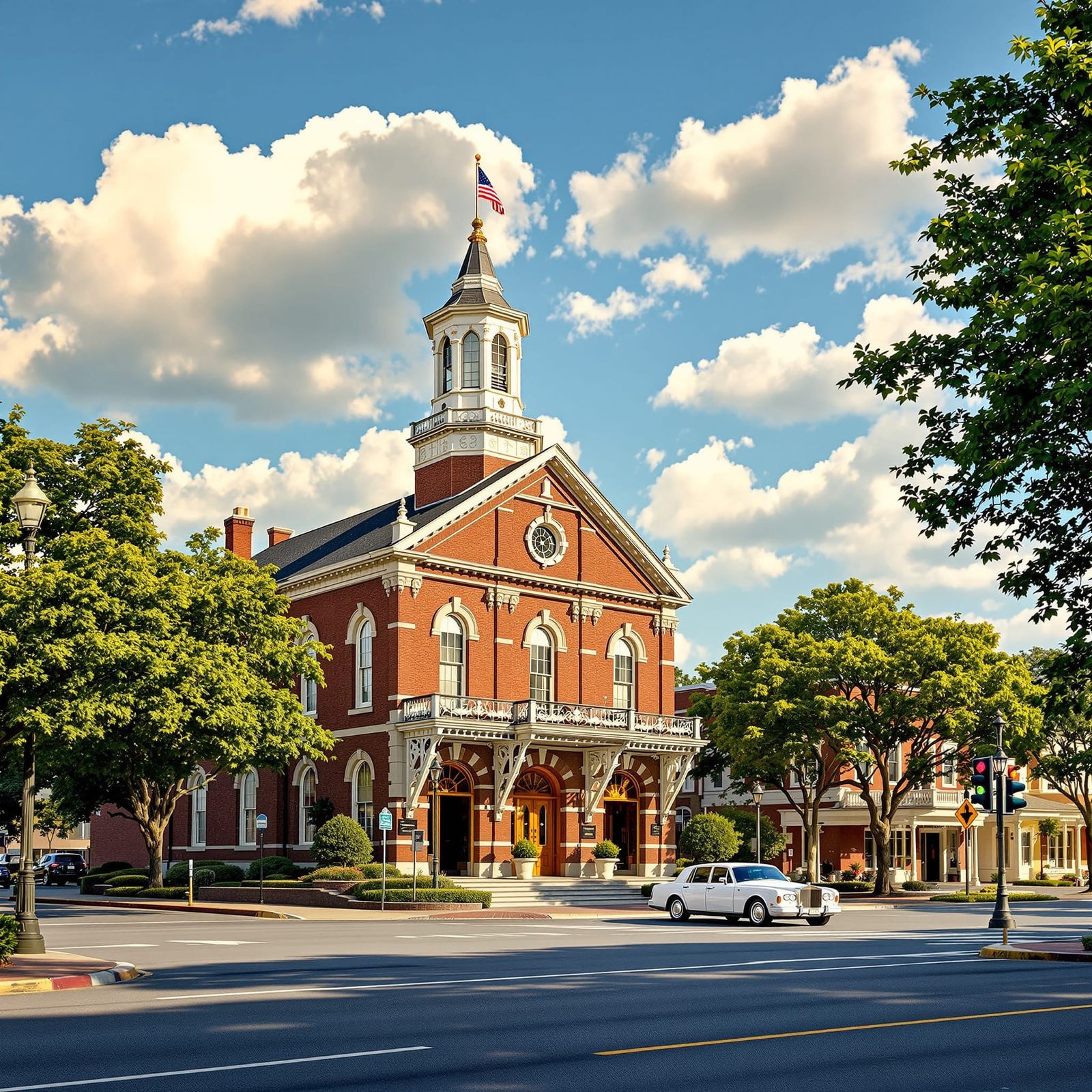 Sunny Afternoon in Quaint Town with Victorian City Hall