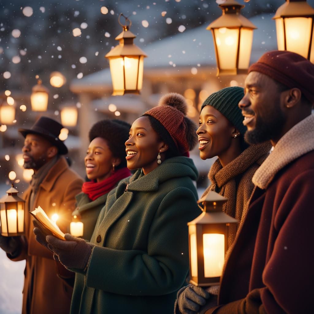 African American Carolers Singing Outdoors in Winter Snow