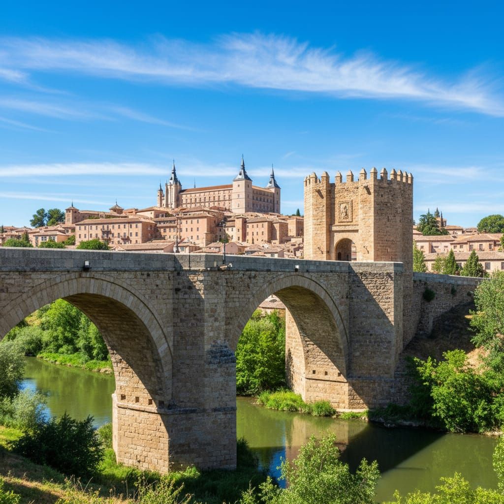 Alcantara Bridge Toledo Spain Daytime Architectural Photo