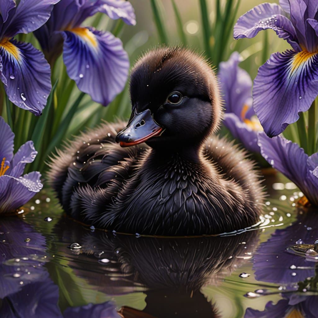 Fluffy Duckling in Dewdrop, Hyper-Realistic Digital Art