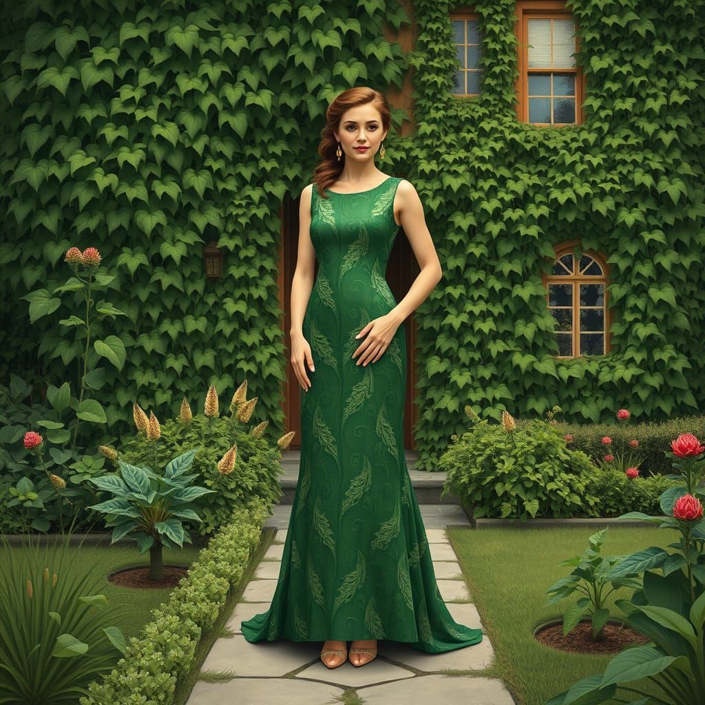 Woman in Green Dress Amidst Lush Plant-Covered Home