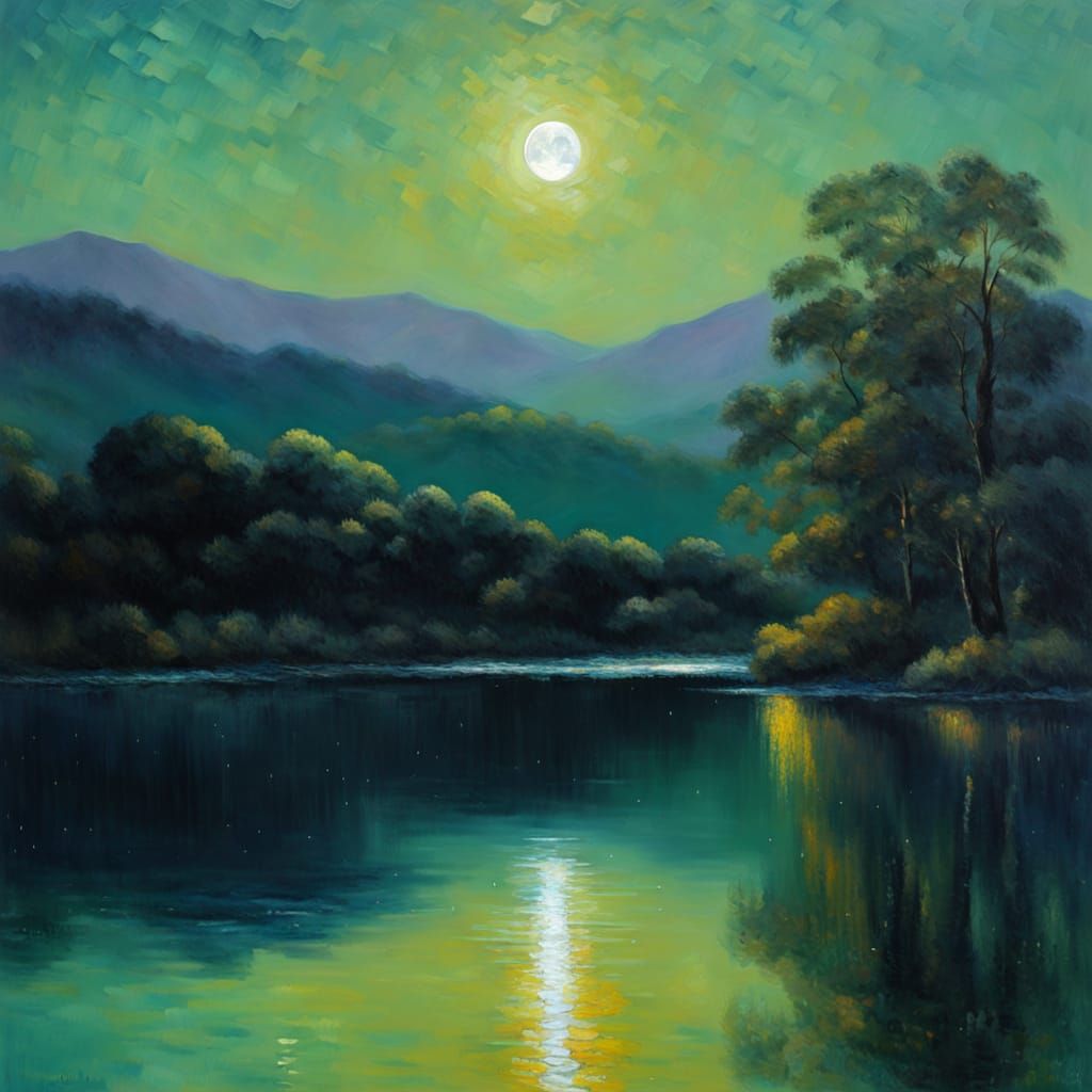 Lake Under Silver Moon in Neo-Impressionism Style