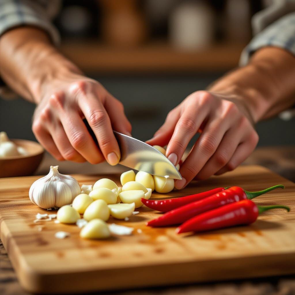 Hands Slicing Garlic and Chili in Warm Kitchen Light