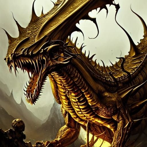 Terrifying Gold Dragon Roaring at Hobbits