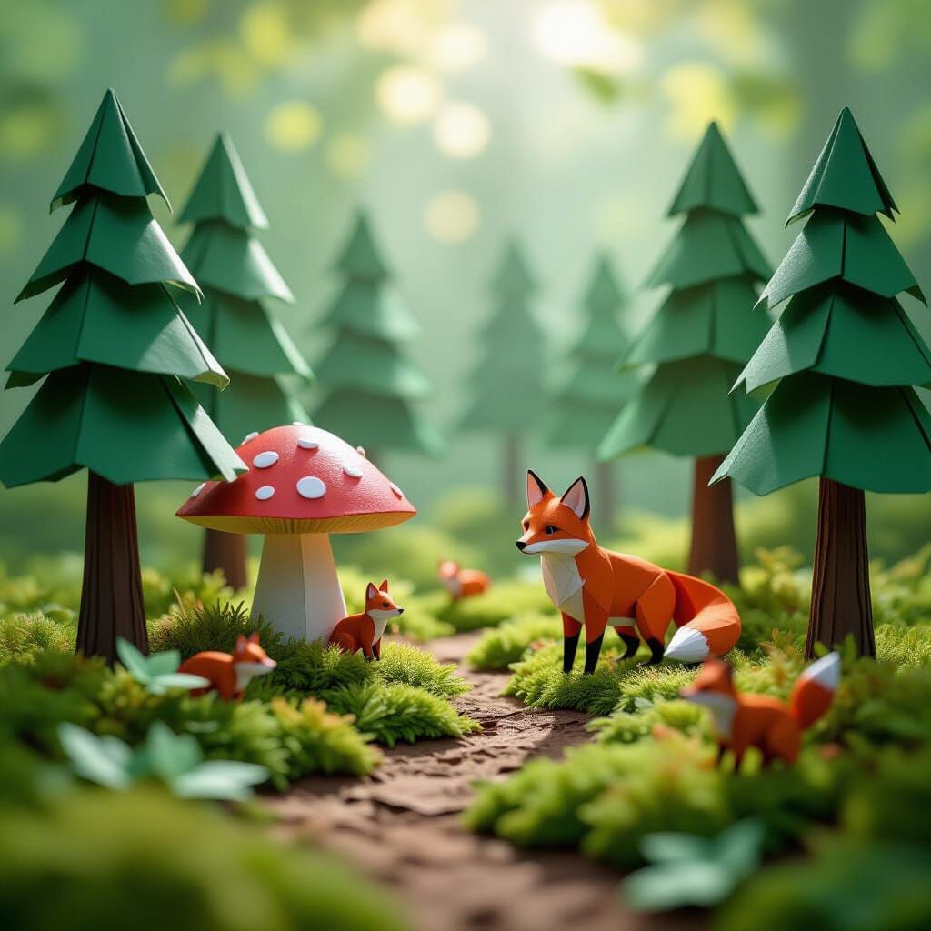 Origami Forest Diorama with Paper Fox and Mushroom